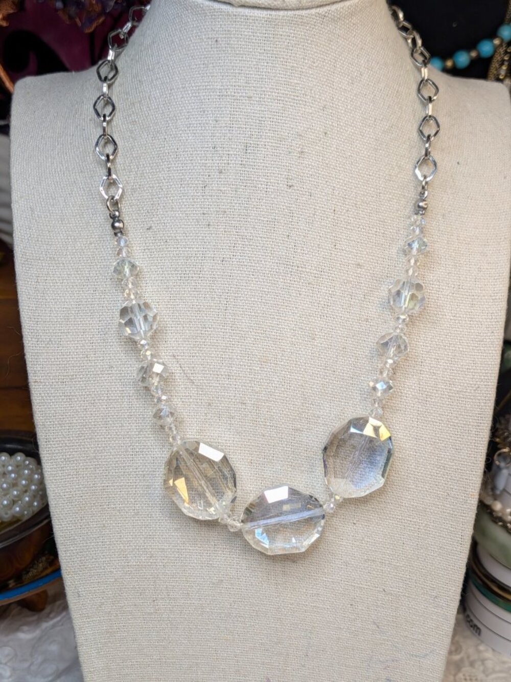 Vintage Faceted Clear Glass Bead Necklace